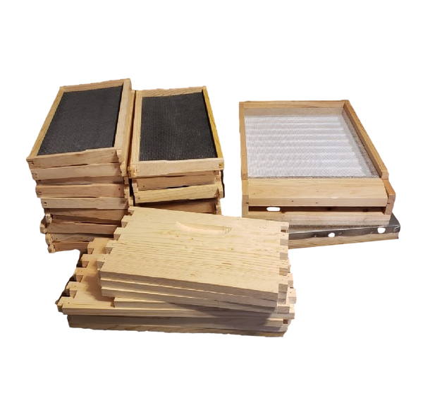 Double Deep hive kit, 15 frames with double waxed foundations, deluxe screen bottom board,  boxes unassembled.
