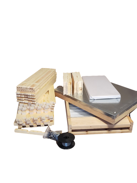 Double Deep hive kit, 15 frames with wax foundation, deluxe screen bottom board, frames and boxes unassembled.